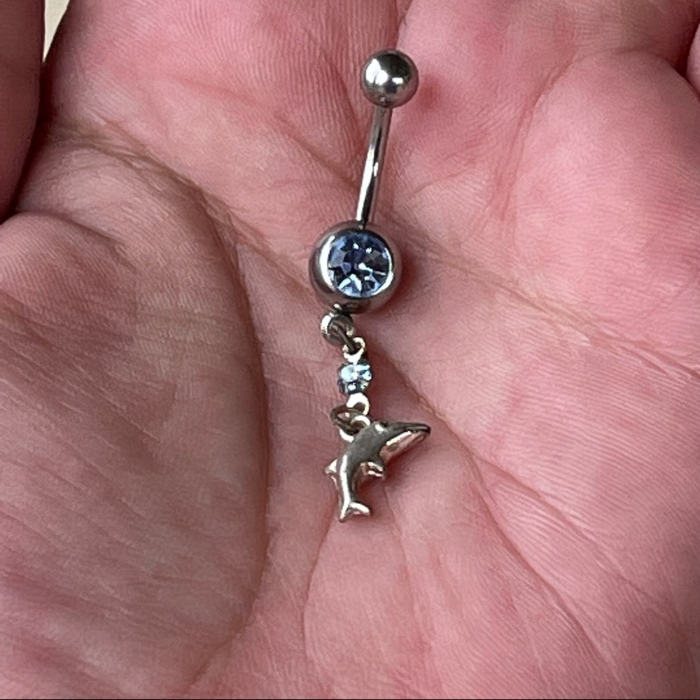 VTG Y2K STAINLESS STEEL Dangle belly ring blue rhinestone & dolphin - Picture 4 of 4